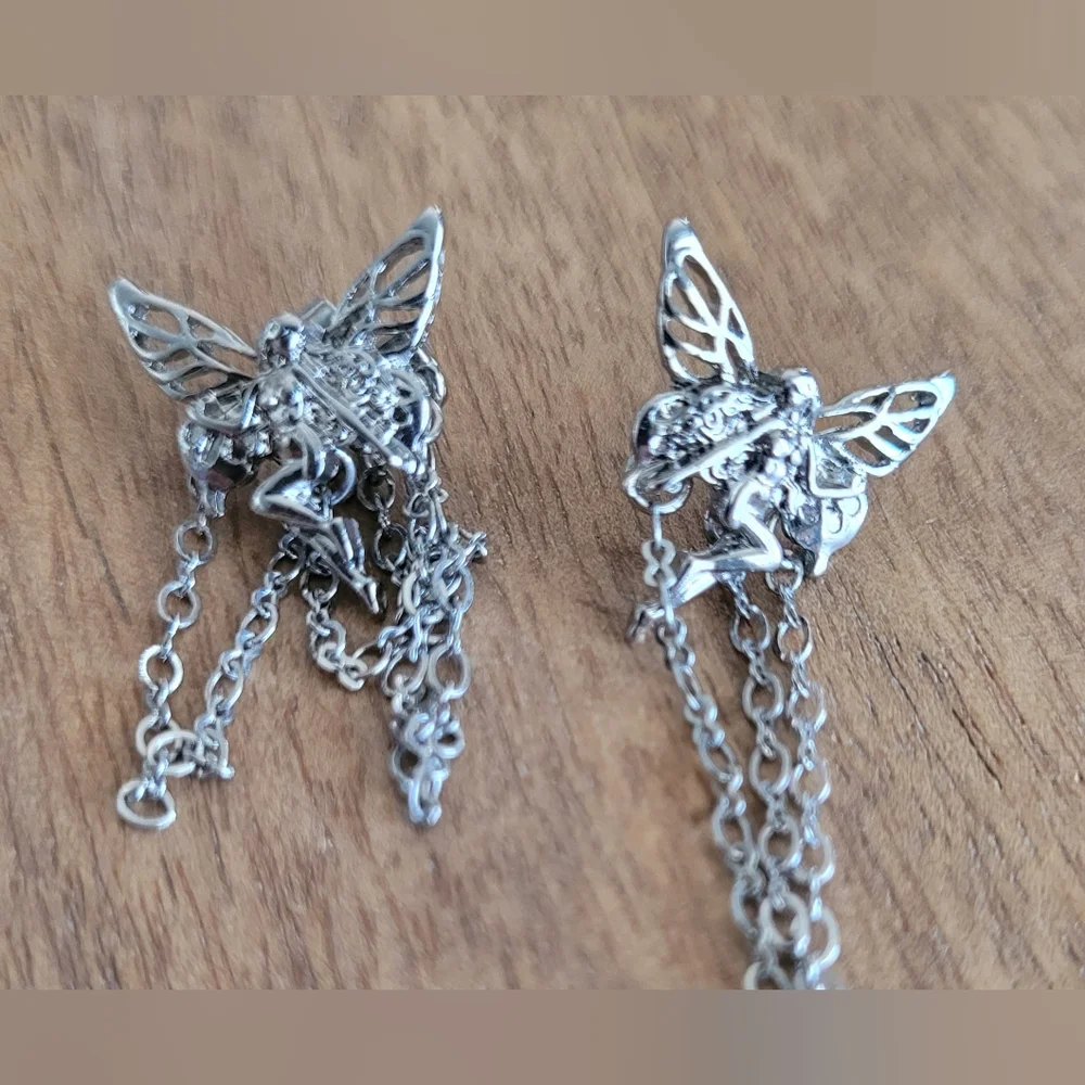 Mystical Silver Fairy Goth Earrings with Chains - Picture 1 of 2